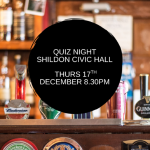 Beer taps at a bar with a sign reading, Quiz Night Shildon Civic Hall Thurs 17th December 8.30pm..