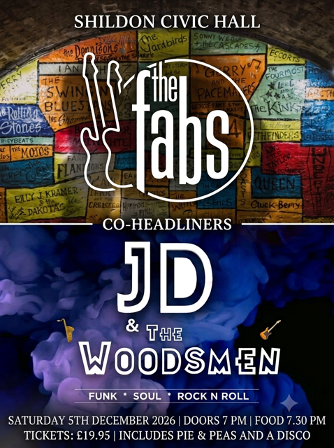 Poster for a music event featuring The Fabs and JD & The Woodsmen, with event details below.