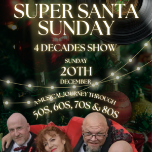 Four people in festive attire pose under text promoting a vintage-themed holiday music event.
