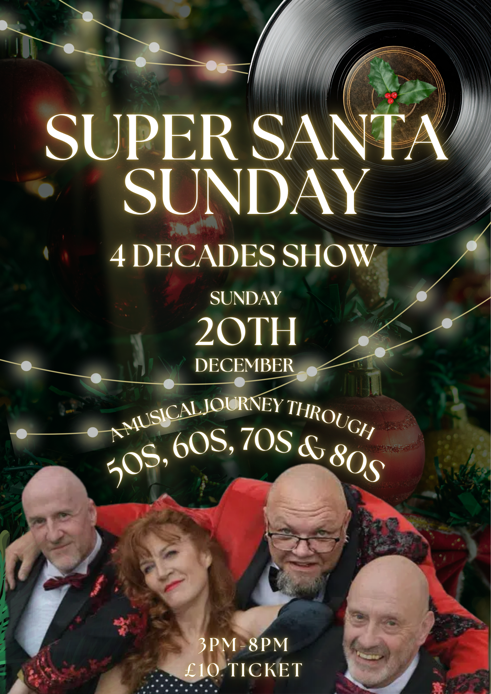 Four people in festive attire pose under text promoting a vintage-themed holiday music event.