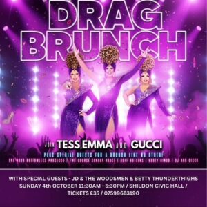 Three drag queens pose on stage with pink lighting and spotlights; event text at the bottom.