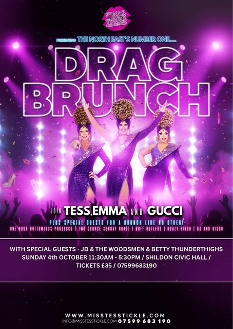 Three drag queens pose on stage with pink lighting and spotlights; event text at the bottom.