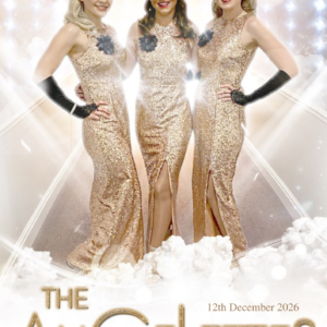 Three women in gold dresses pose together for a Christmas event at Shildon Civic Hall.