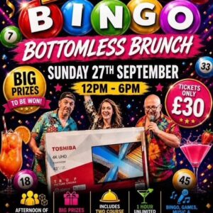 Three people hold a TV prize at a colorful Looney Bingo Brunch event poster with details.