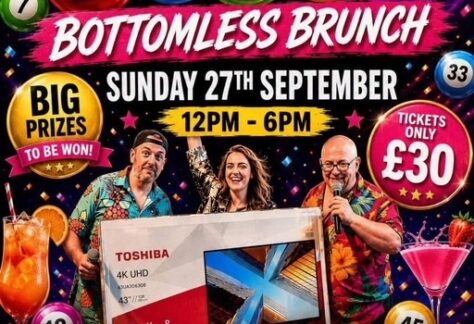 Three people hold a TV prize at a colorful Looney Bingo Brunch event poster with details.