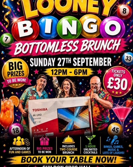 Three people hold a TV prize at a colorful Looney Bingo Brunch event poster with details.