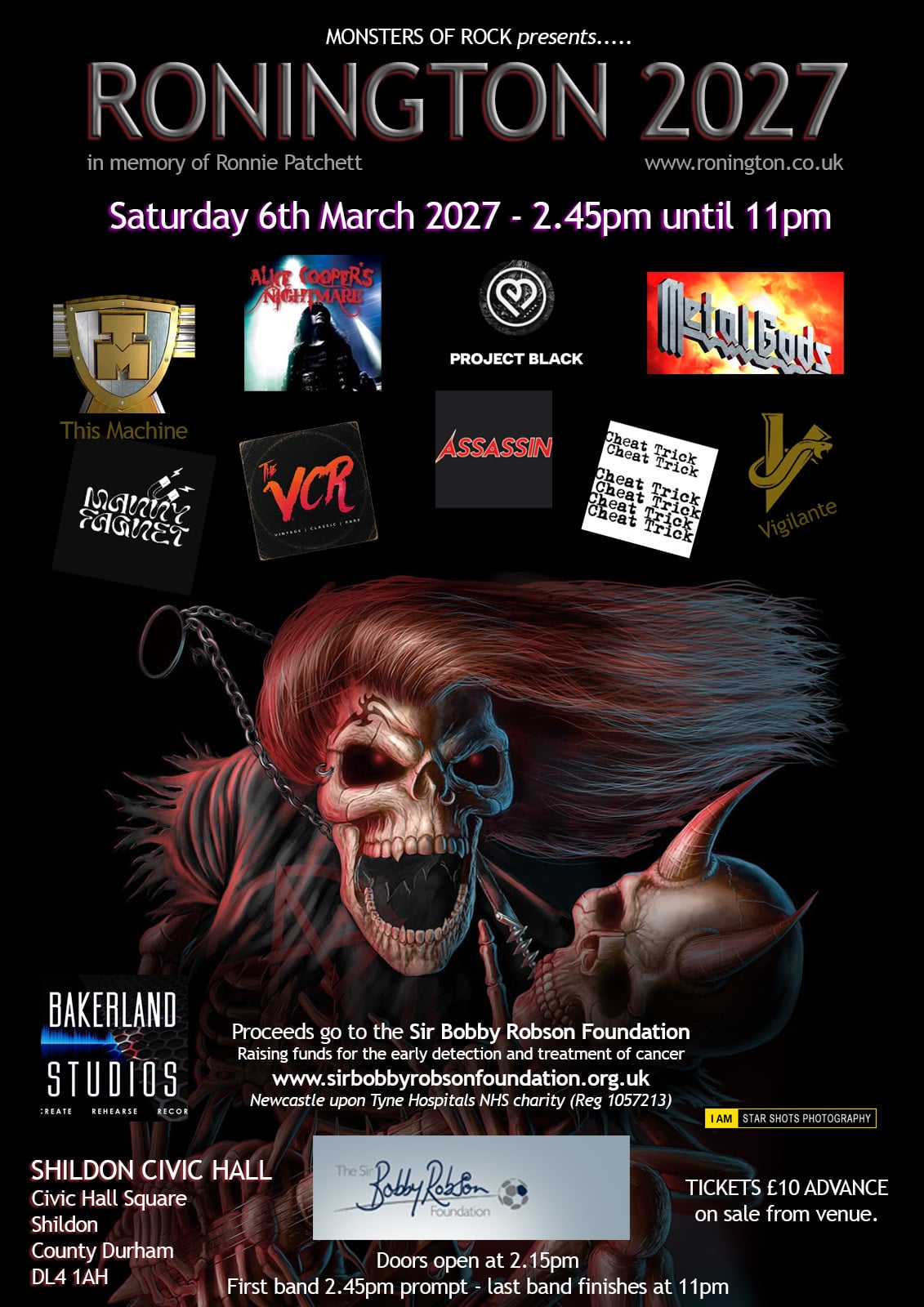 Poster for Ronington 2027 music festival featuring band logos and a demonic skeletal figure.